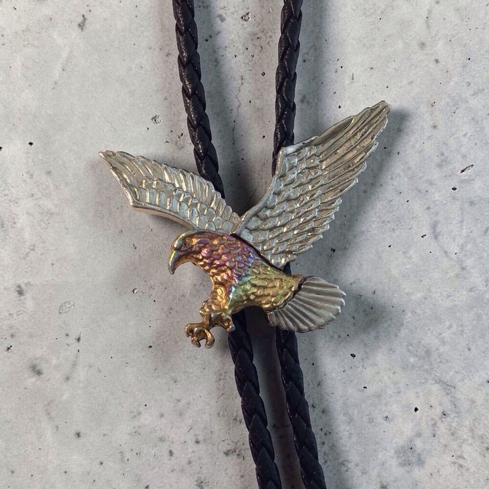 Vintage Silver And Gold Tone Eagle Bolo,leather And Metal Tips, Western